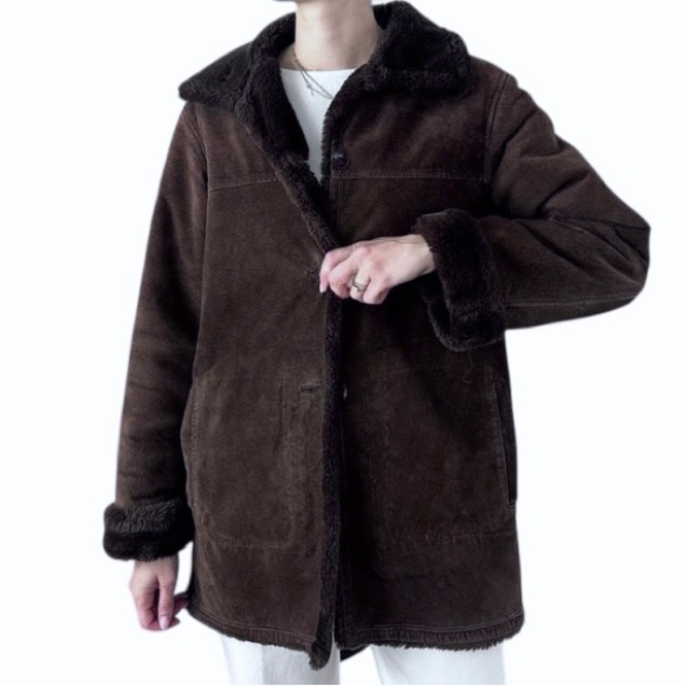 JONES NEW YORK Brown 100% Suede Mid. Length Faux Shearling Interior Coat Size S